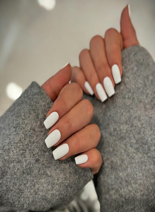 KXAMELIE White Press on Nails Medium Square, Soft Gel Fake Nails Short Coffin, Glossy Full Cover Acrylic Nails Press on with Nail Glue, Reusable Glue on Nail for Women, Easy to Apply, 28 Pcs - Image 1